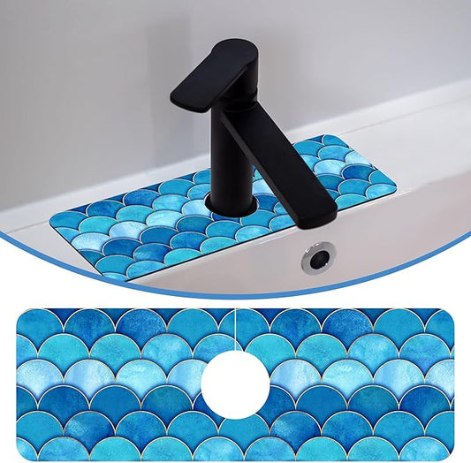 Mermaid Fish Scale Wave Faucet Mat Splash Guard Scale Texture, Soft Diatom Mud Material, Strong Water Absorption, Non-slip,Easy to Clean for Bathroom, Kitchen 15"X5.5"