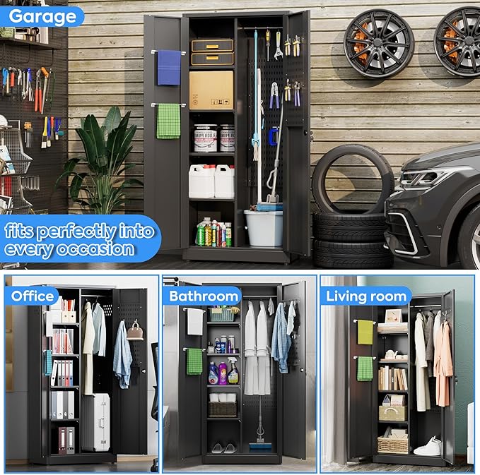 SUXXAN Broom Closet Storage Cabinet, 61.6" x 11.7" x 27.5" Metal Cleaning Cabinets with Hooks and Hanging Rods, Lockable Cabinet with Pegboard, Adjustable Shelf,for Garage, Laundry Room