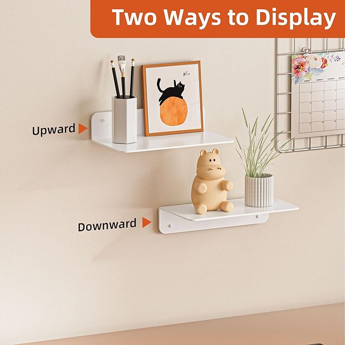 Small Floating Shelves, 9" Adhesive Wall Shelf with Cable Hole, No Drilling, Metal Display Ledges for Living Room, Bedroom, Bathroom (White, 2 Pack)