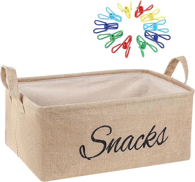17 Pcs Snack Basket Sets, Snack Storage Bin for Pantry Shelves with 16 Pcs 2 Inch Chip Clips, Basket Organizer for Kitchen Home, Chips, Popcorn, Candy, Pretzels(Burlap,Khaki)