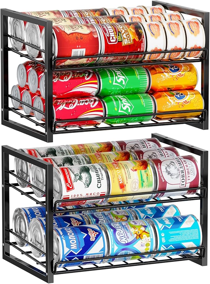 SUFAUY Stackable Can Rack Organizer for Pantry, 2 Tier Soda Canned Food Storage Holds Up to 60 Cans, Steel Square Frame Shelves for Storage, 2 Pack