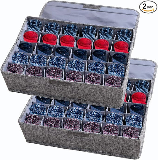 AARAINBOW 2 Packs Underwear Socks Ties Storage Organizer with Lids Foldable Closet Drawer Organizer 60 Cells, Fabric Wardrobe Divider Storage Boxes for Scarves and Lingerie (30 Cell, 2 Gray)