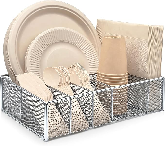 Metal Paper Plate Holder - Utensil Silverware Caddy for Kitchen Counter Cabinet Cutlery Flatware Organizer Storage Dispenser for Plastic Spoon Fork Plates Napkins Cup Party Camping Silver