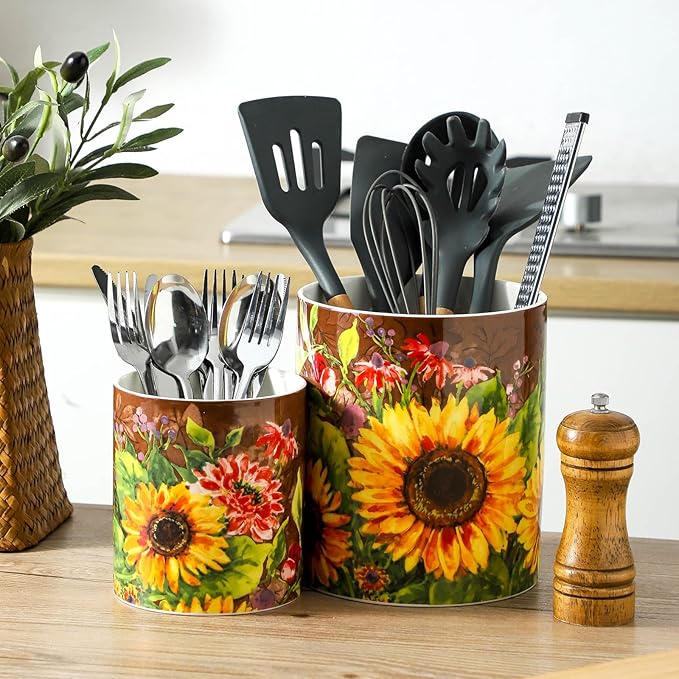 7"+5.3" Oil Painting Sunflower Utensil Holder,Large Kitchen Utensil Holder Organizer,Stable Utensil Crock Spatula Holder for Kitchen Counter Countertop Farmhouse Cooking Tools Holder