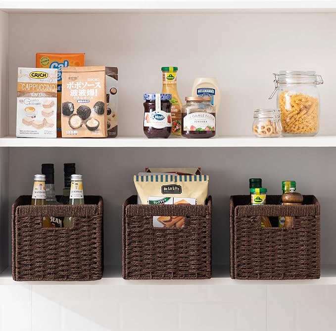 joybest Shelf Storage Wicker Baskets, 4-Pack Woven Paper Rope Baskets for Organizing, Foldable Rectangular Bin with Handles for Pantry, 13.4L x 8.3W x 7.1H Inch, Dark Brown