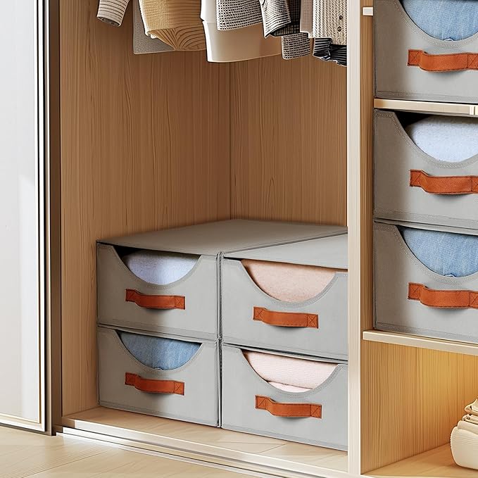 Closet Organizers and Storage - Large Stackable Storage Bins with Drawer, Fabric Bins for Organization, Collapsible Drawer Organizer Clothes for Bedroom, Living Room, 2 Pack, Grey