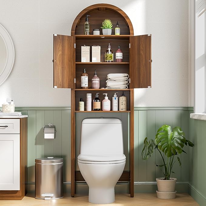 Arched Over The Toilet Storage Cabinet with Fluted Doors, 4 Tier Small Bathroom Shelf Organizer, Mid Century Modern Bathroom Cabinet with Adjustable Shelf, Slim Narrow Arch Toilet Rack, Walnut