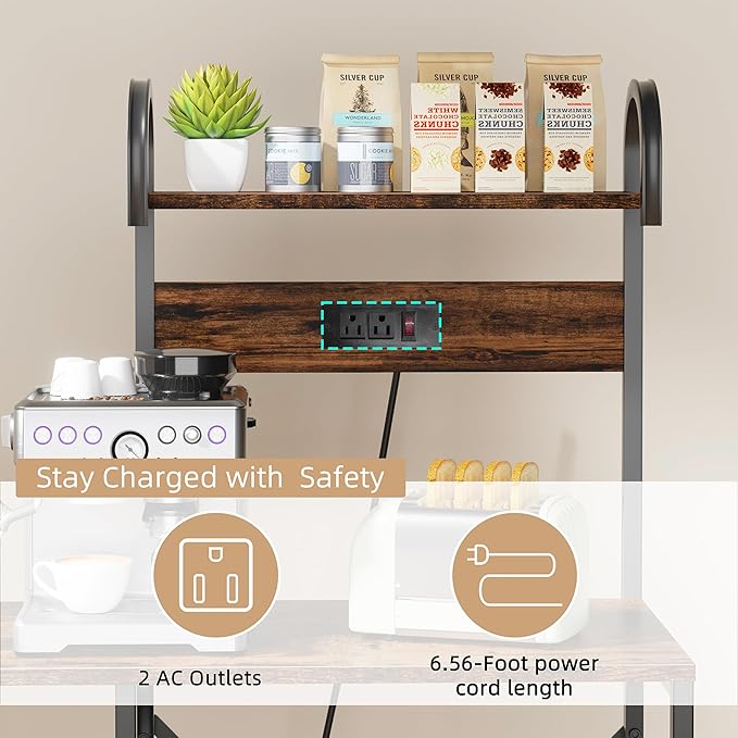 JAMFLY Bakers Rack with Power Outlet, Microwave Stand, kitchen Storage Shelf with 6 Hooks, Coffee Bar Station with Wire Basket, 6 Tier Kitchen Rack for Living Room, Spice, Pots and Pans Organizer