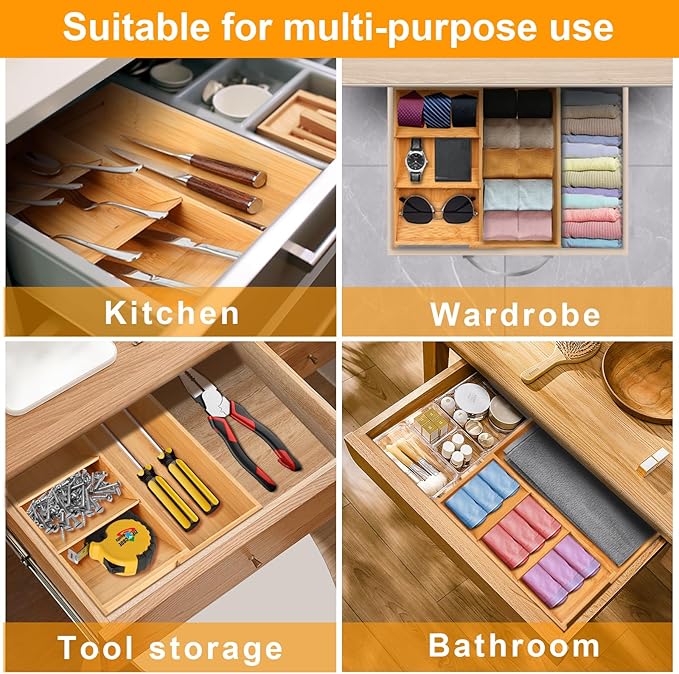 Silverware Drawer Organizer with Expandable Tray for Kitchen Drawer, Adjustable Compact Plastic Kitchen Utensil Storage for Spoons Forks Knives Easy to Access & Clean (bamboo, standard)