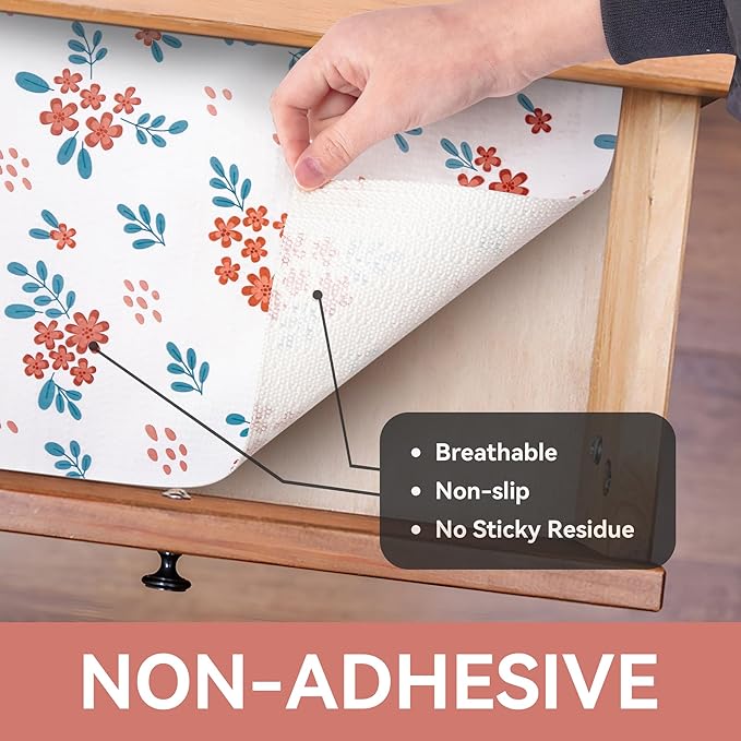 RAY STAR Shelf Liner, 18 Inch x 8 Feet Non Adhesive Red Floral Kitchen Cabinet Liner for Pantry Drawer Vanity, Strong Grip Non Slip Waterproof, Shelf Liners for Kitchen Cabinets Cupboard