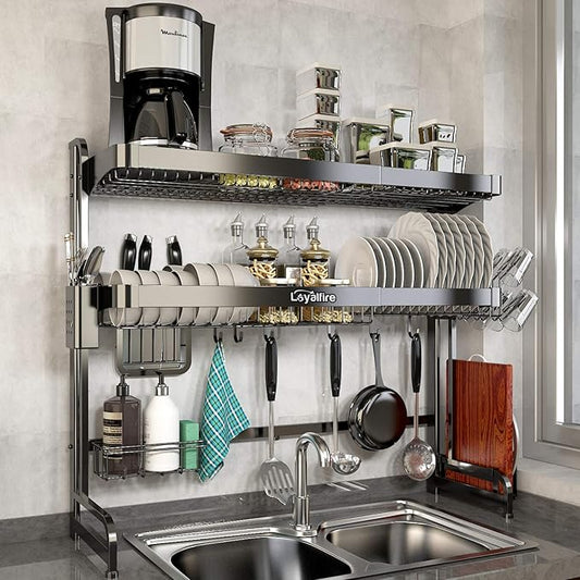 Over Sink Dish Drying Rack, 3 Tier Adjustable Length (20.87'' to 37.6'') Full Stainless Steel Large Storage Kitchen Dish Rack, Expandable Drainer Shelf Rack with Multifunctional Organizers