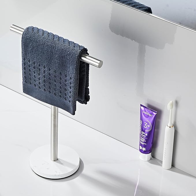 Hand Towel Holder, 15 Inch T-Shape Freestanding Towel Rack Stand for Bathroom & Kitchen Countertop with Brushed Nickel Finish and Marble Base