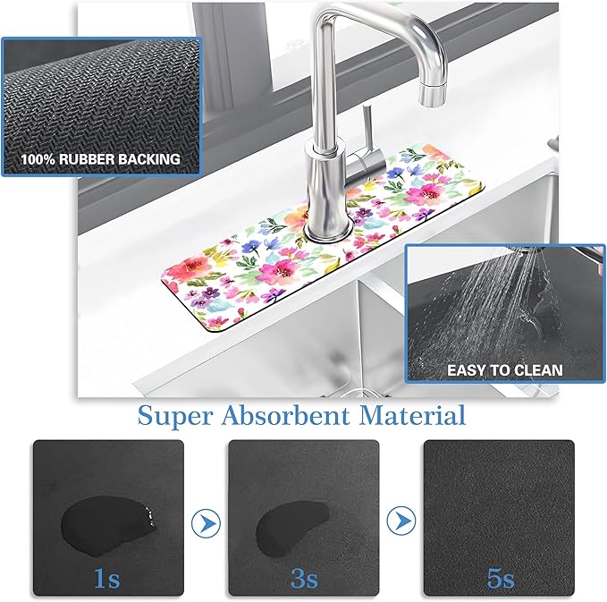 Watercolor Floral Faucet Mat Splash Guard Purple Pink Meadow Flower, Soft Diatom Mud Material, Strong Water Absorption, Non-slip,Easy to Clean for Bathroom, Kitchen 15"X5.5"