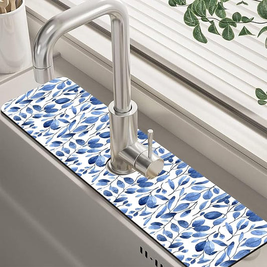 Watercolor Blue Leaves Sink Faucet Absorbing Mat Sink Splash Guard Faucet Mat Draining Mat Fast Drying Sink Protectors for Kitchen and Bathroom 5.5"×24"