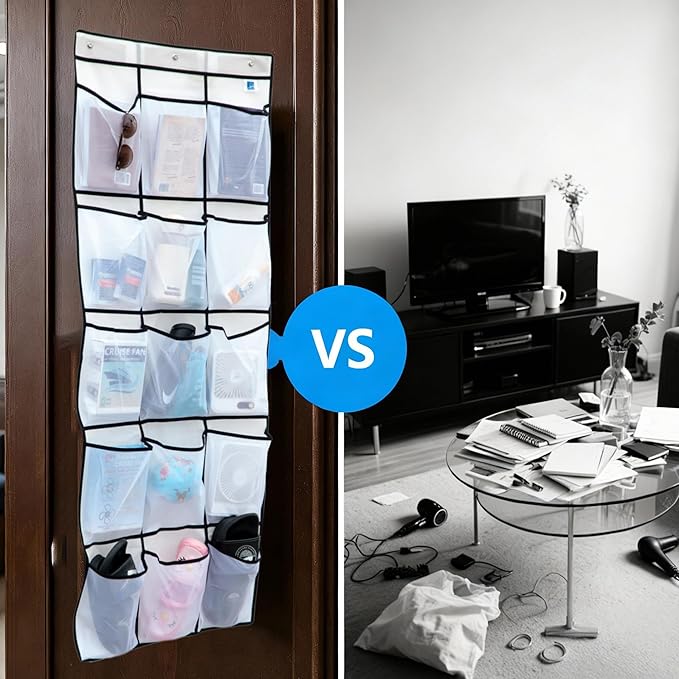 Magnetic Door Organizer with Hooks, 24 Mesh Pockets, Over Door Storage Solution, White, 60x24 Inch, Magnetic Shoe Rack Holder for Cruise Ship Cabins