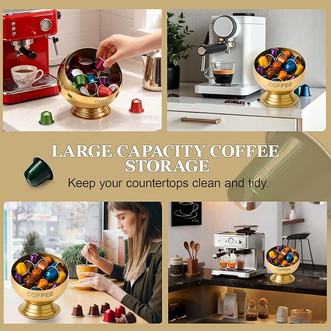 Coffee Pod Holder, Gold Metal Coffee Pod Storage, Capsule Container Bowl, Coffee Pod Organizer for Kitchen Counter and Office Desktop (Gold)