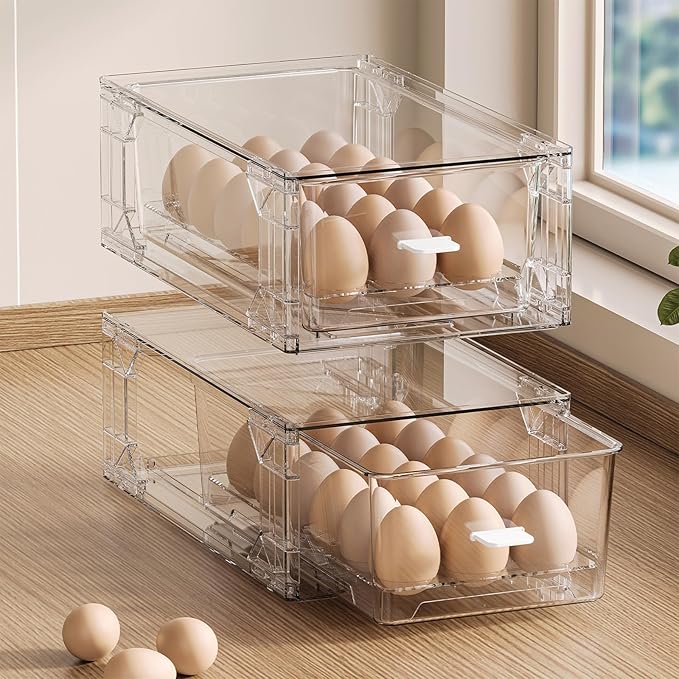 PiJeyiee BPA-Free Egg Storage Drawer - Stackable Refrigerator Egg Tray, 2 Pack, 36 Egg Tray.