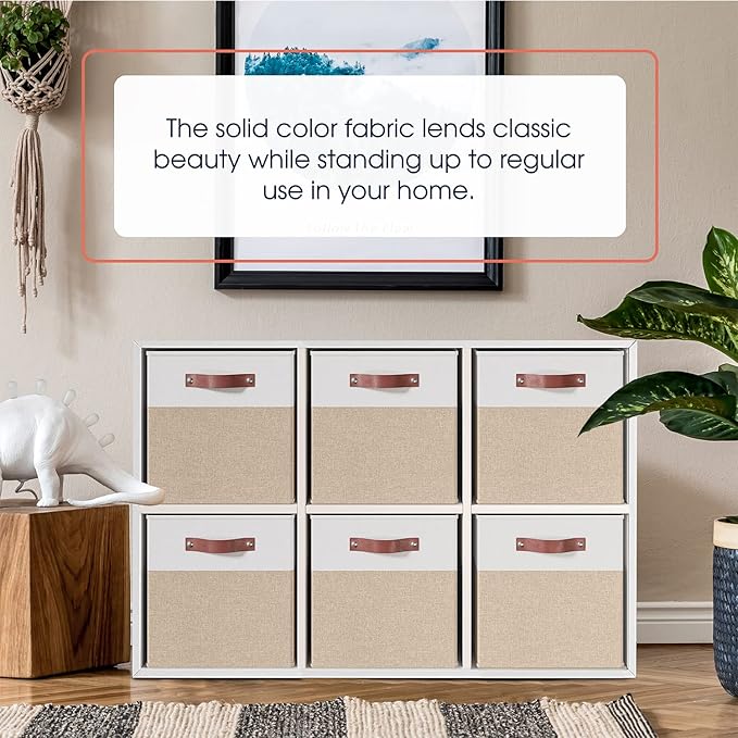 Ornavo Home 11 x 11 Storage Cube Bins, Foldable Collapsible Fabric Storage Bins Box Linen Shelf Basket Cube Organizer for Closet with Leather Handles, 6 Pack, White/Khaki