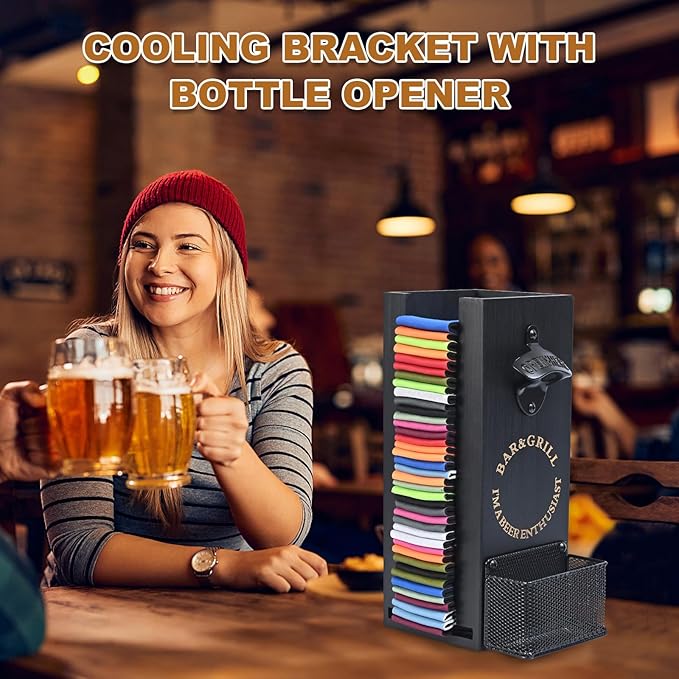 3-in-1 Can and Bottle Cooler Holder with Opener - Wooden Beer Sleeves Organizer & Dispenser - Wall Mounted Storage - Ideal for Home Bars and Parties(Black)