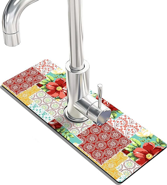 Kitchen Sink Splash Guard Faucet Mat Super Absorbent Fast Drying Mat Sink Gadgets Splash Guard Behind Faucet Drip Catcher for Kitchen (Boho Trellis, 15x5.5in)