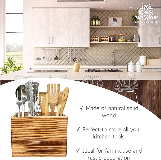 CB Accessories Wood Utensil Holder for Kitchen Counter - 2 Compartment Large Utensil Crock Organizer for Countertop - Tool Holder for Spatula - Farmhouse Decor