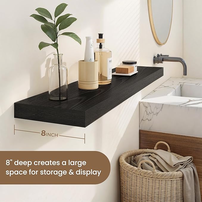 Dreamland 8" Deep Long Floating Shelves, 32 Inches Floating Shelves for Wall Set of 2, Large Display & Storage Shelf, Wall Shelf for Bathroom Bedroom Living Room Kitchen Office, Black