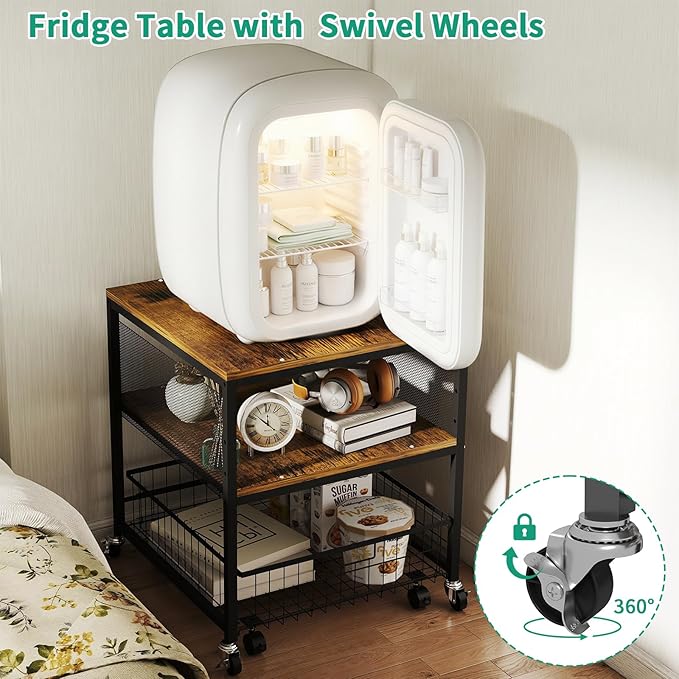 Hadulcet 3-tier Mini Fridge Stand with Storage Basket - Rolling Mini Fridge Cabinet with Wheels, Heavy Duty 21"L* 21"W Fridge Cart, Sturdy Metal Frame, for Home, Apartment, Office, Dorm, Rustic Brown
