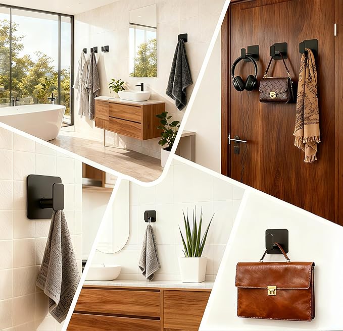 FanSiVoKe Black Square Adhesive Hooks for Shower, Bathroom, Kitchen, Robe, Towel, Coat, Waterproof & Rustproof Heavy Duty Hook for Walls No Damage, Stainless Steel Sticky Hook (4)