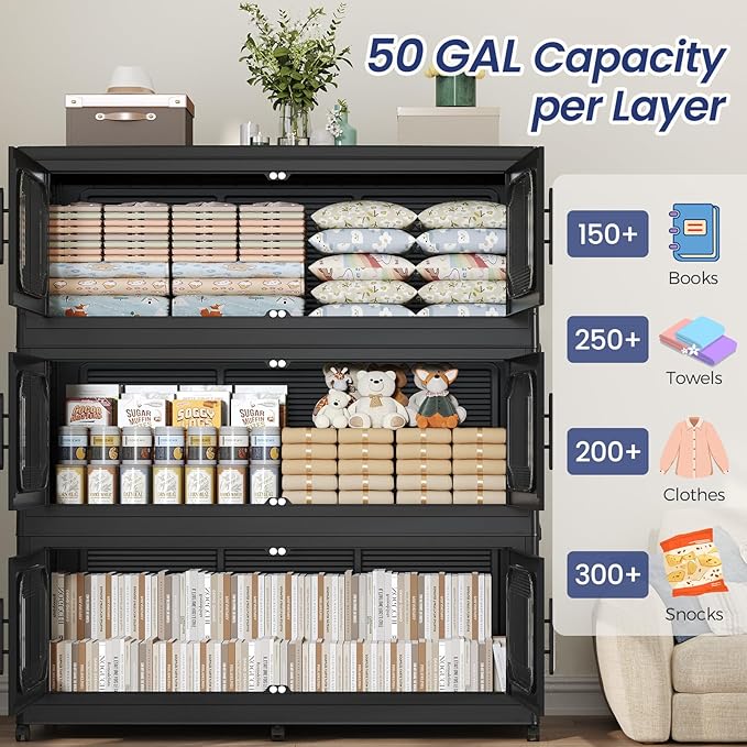 KuyiGame 250Gal Exra Large Stackable Storage Bins with Lid, 1000QT Collapsible Storage Box with 6x Wheels, Folding Plastic Cabinet Container with Door Drawer for Home Kitchen Office Dorm, 5Pack Black