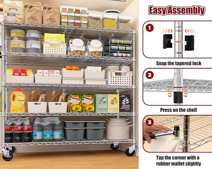 PrimeZone 5 Tier 48" Wx24''Dx81''H Wire Shelving with Wheels 3000lbs NSF Storage Shelves Heavy Duty Metal Shelf Adjustable Rolling Rack Commercial Garage Restaurant Warehouse Kitchen Chrome 8Pack