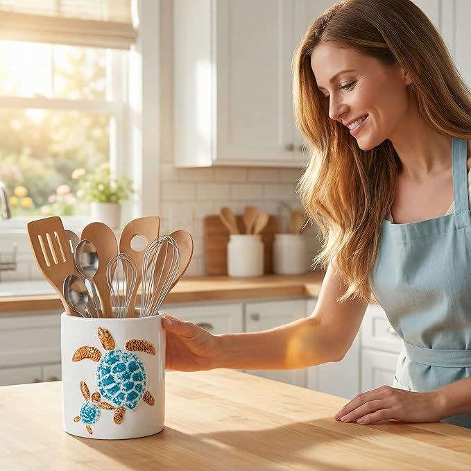 Turtle Kitchen Utensil Holder Cooking Utensil Crocks For Kitchen Tool Holder Counter White Ceramic Utensil Organizer 3D Turtle Decor Easy-Grip Glossy Glaze Countertop Storage Utensils Caddy
