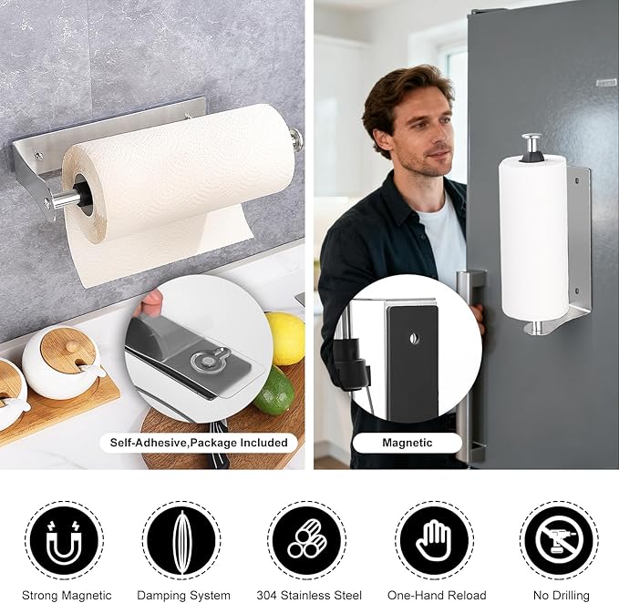Magnetic Paper Towel Holder with Adjustable Damping, One Hand Tear, Smooth Tension Control, Strong Magnet & Self Adhesive Wall Mount, No Drilling for Kitchen, Fridge, RV, Garage, Grill (Silver)