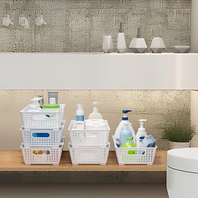 Stackable Woven Plastic Basket, Storage Bins for Cabinet, Closet, Shelf, Under Sink and Countertop, Pantry Organizer Bins, 6 Pack