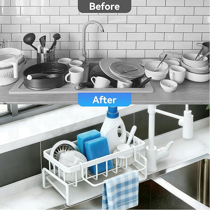Sponge Holder for Kitchen, Sink Caddy Organizer Rack for Kitchen Accessories, Soap Dispenser Countertop Organizer Essentials for Home (White)