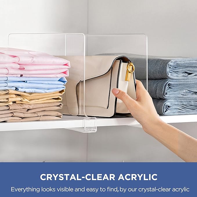 HBlife 6 Pack Clear Shelf Dividers, Vertical Purse Organizer for Closet Perfect for Sweater, Shirts, Handbags in Bedroom and Kitchen, Adjustable Acrylic Bookshelf for Organization