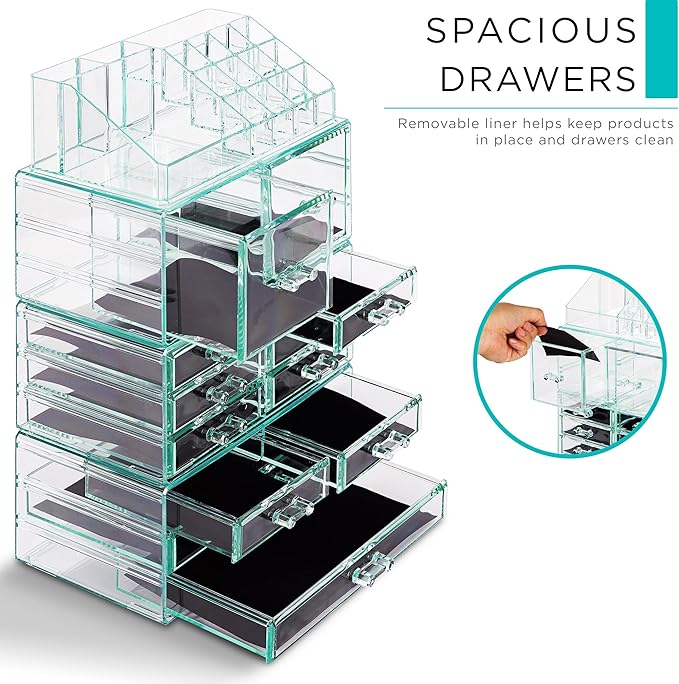 Sorbus Large Makeup Organizer - Clear Stackable Jewelry & Makeup Organizer For Vanity, Bathroom Storage, Dresser - 12 Drawers Cosmetic Beauty Organizers and Storage with Lipstick, Makeup Brush Holder