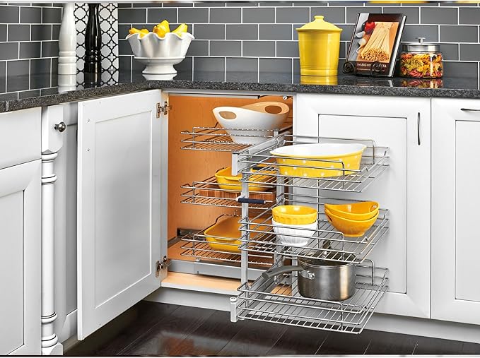 Rev-A-Shelf 3 Tier Pullout Shelf Organizer for Blind Corner Kitchen/Bathroom Cabinets with Soft-Close, 48" Adjustable Shelves, Chrome, 5PSP3-18SC-CR