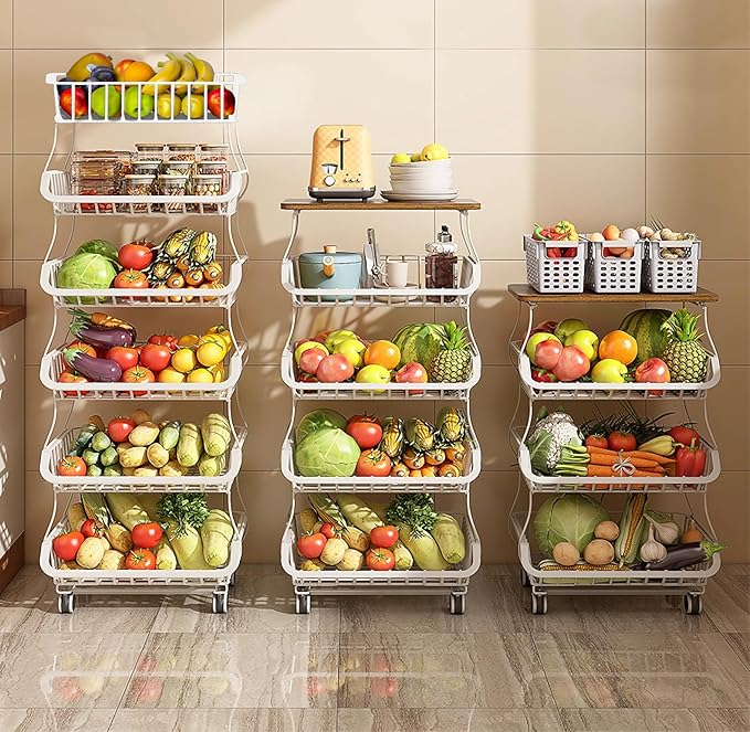 MURRI&MURRDI Fruit Vegetable Storage Basket with Wheels, 6 Tier Stackable Wire Storage Baskets, Tall Standing Produce Kitchen Rack Display, Narrow Rolling Cart for Pantry Onion Potato, White