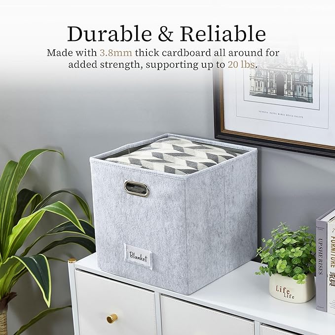 DECOMOMO Felt Storage Bins 13x15x13 Storage Cube Bins with Labels, Baskets for Organizing Shelves (Kallax / 4pcs, Light Grey)