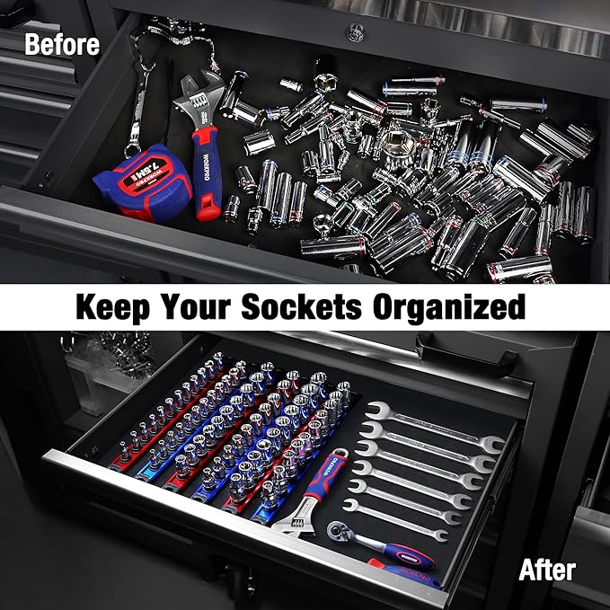 WORKPRO Magnetic Socket Organizer Set, 3-Piece Aluminum Alloy Socket Rail, Heavy Duty Socket Holder, Socket Rack Kit 1/4-Inch x 12 Clips, 3/8-Inch x 10 Clips, 1/2-Inch x 10 Clips (Blue)