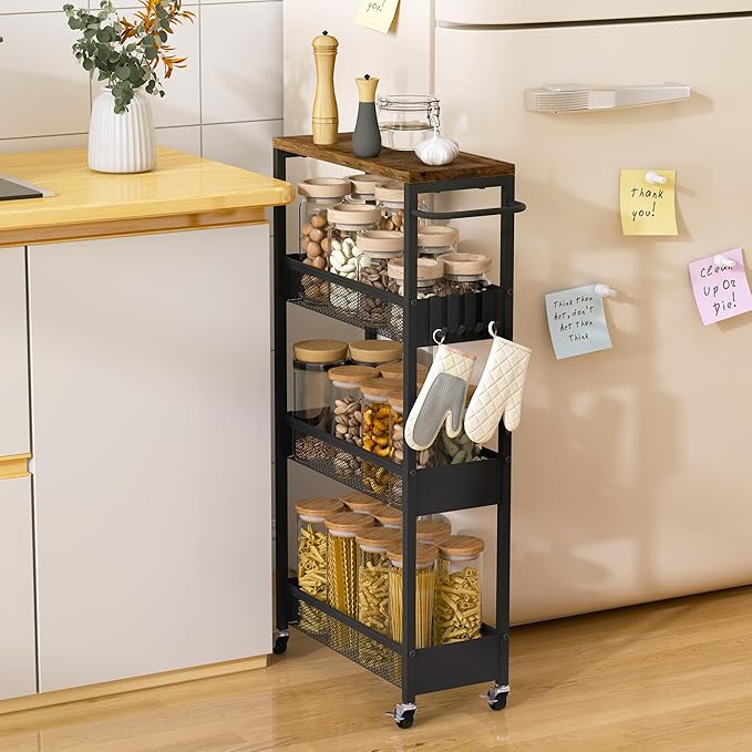 Slim Rolling Utility Cart, 4 Tier Metal Narrow Storage Cart with Handle and Wood Top, Multifunctional Small Mobile Shelf Unit Organizer Trolley for Laundry, Bathroom, Kitchen