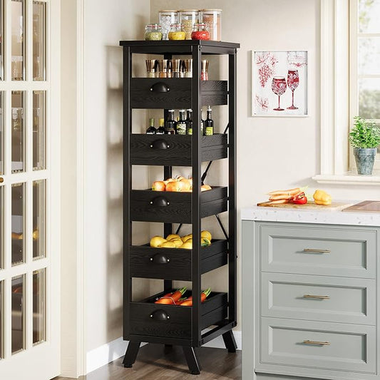 Tribesigns Black Wood Fruit and Vegetable Storage Rack, 5-Tier Narrow Snack Stand Kitchen Stand Fruit Basket, Pull-Out Utility Organizer for Kitchen, Living Room