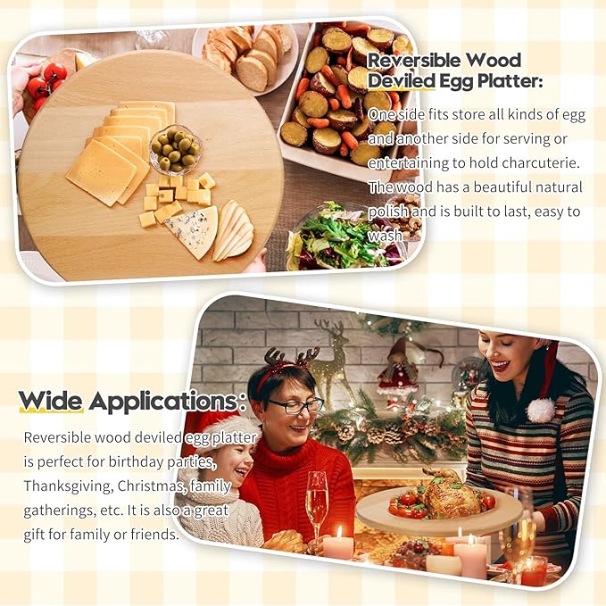 Lounsweer Reversible Wood Deviled Egg Platter and Charcuterie Board Thicken Tray Countertop Refrigerator Chicken Egg Containers Carrier for Easter Christmas(Beech Wood)