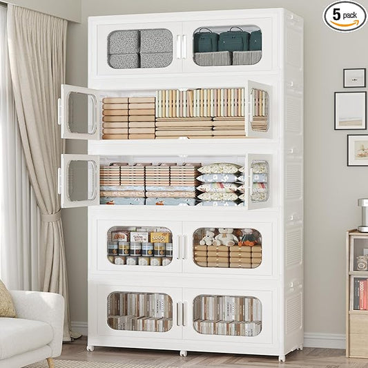 250Gal Exra Large Stackable Storage Bins with Lid, 1000QT Collapsible Storage Box with 6x Wheels, Folding Plastic Cabinet Container with Door Drawer for Home Kitchen Office Dorm, 5Pack White
