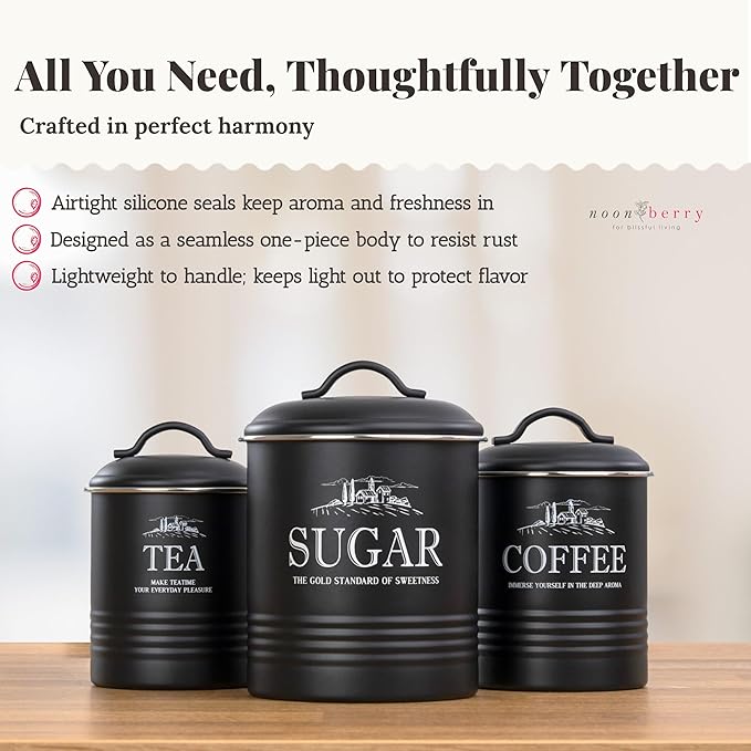 Kitchen Canisters for Countertop – 3-Piece Airtight Kitchen Canister Set – Sugar Coffee Tea Containers for Kitchen Counter – Matte Black Finish