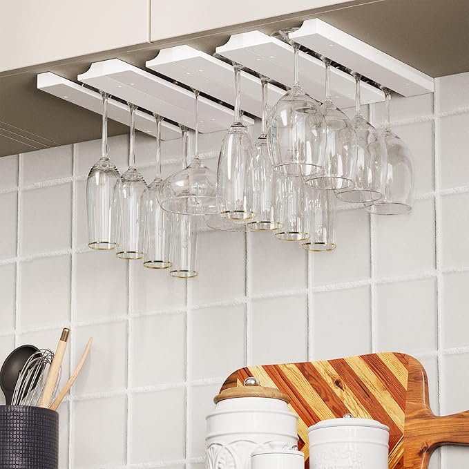Rustic State Vigo 4 Sectional Adjustable Under Cabinet Mount Wood Stemware Rack Hanging Shelf Glassware Holder Bar Organizer with up to 12 Wine Glass Storage 12 Inch Deep White