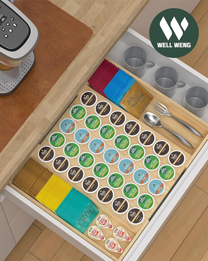 Larger Expandable Bamboo Coffee Pod Holder for Counter Drawer Display, 35 Pod Capacity, K-Cup Pods - Tea Bags Storage Organizer Holder (Bamboo)