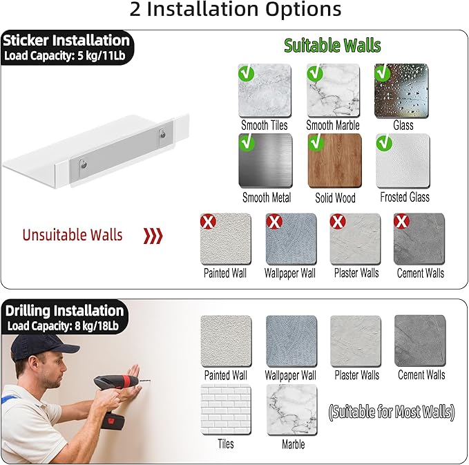 White Metal Floating Shelf 2-Piece Set, Adhesive Wall Shelves in Thickened Aluminium Wall Mounted Shower Caddy, Ideal for Display & Storage in Living Room, Bedroom, Bathroom (11.7")