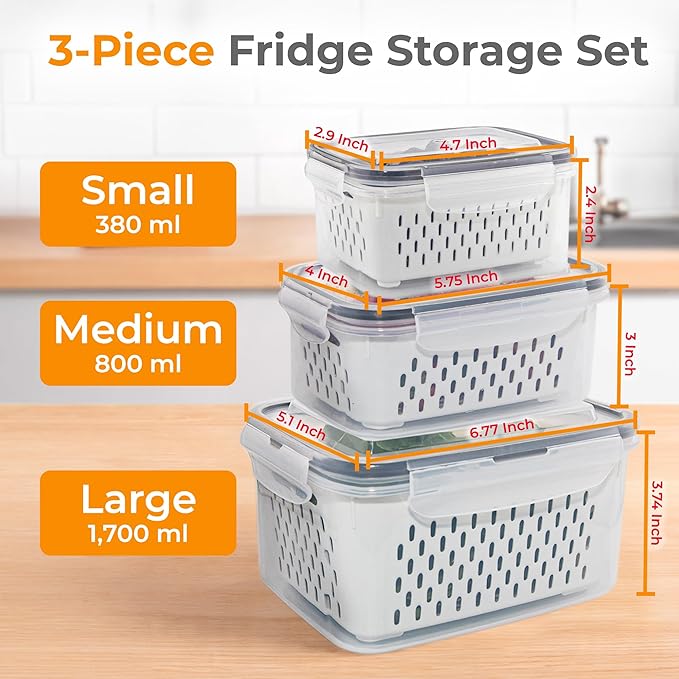 Fruit Storage Containers for Fridge - 3 Pack Food Refrigerator Organizer Basket Bins Set with Vent Lids and Removable Colander, Fruits, Produce, Vegetables, Salad, Lettuce, Berries, Saver Fresh Keeper