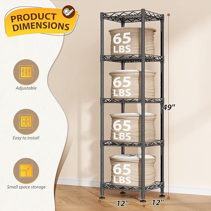Set of 2 Storage Shelves-5 Tier Metal Shelving Adjustable Wire Shelves Standing Shelf Units Narrow Shelf for Kitchen Pantry Closet Office 12''Wx12''Dx49''H Black